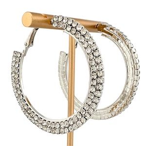 Hannah Brilliance Rhinestone Crystal Double Row Silver Flat Large Hoop Earrings